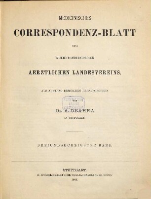 Medicinisches Correspondenzblatt des Württembergischen Ärztlichen Landesvereins. 63. 1893