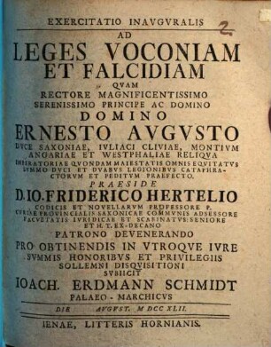 Exercitatio inauguralis ad leges Voconiam et Falcidiam