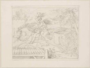 Zu Bürgers "Leonore", Blatt 5: Leonore und Wilhelm zu Pferde von Ungeheuern und Gerippen verfolgt