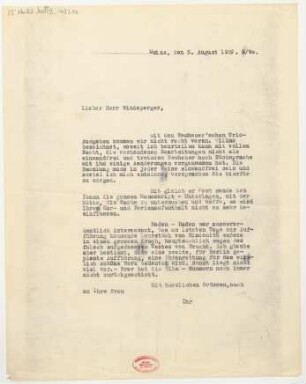 Brief an Lothar Windsperger : 05.08.1929