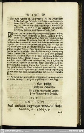 Lit. K. Extract Hoch-preißlichen Kayserlichen Reichs-Hof-Raths-Conclusi, d. d. 5. Maji 1744