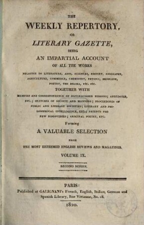 Galignani's repertory or literary gazette and journal of the belles lettres, 9. 1820