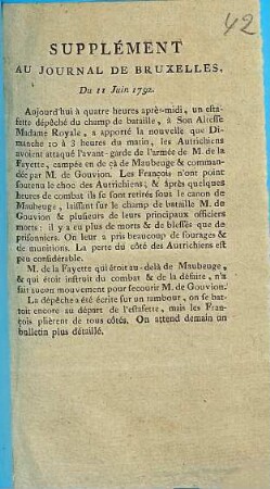 Supplément Au Journal De Bruxelles. Du 11 Juin 1792.