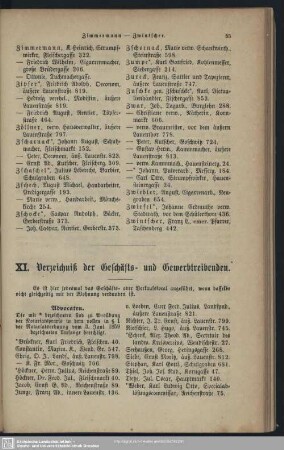 XI. Berufsklassen und Gewerbebetriebe : Verzeichniß der Geschäfts- und Gewerbetreibenden