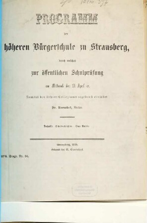 Programm der Höheren Bürgerschule zu Strausberg : durch welches zur öffentlichen Schulprüfung am ... ergebenst einladet. 1877/78