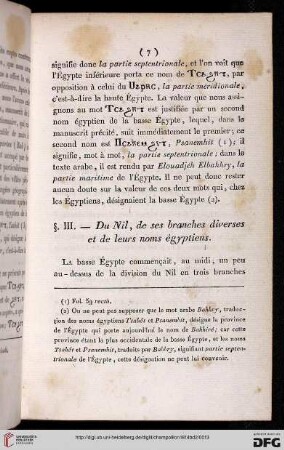 § III: Du Nil, des ses branches diverses et de leurs noms égyptiens