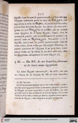 § III: Du Nil, des ses branches diverses et de leurs noms égyptiens
