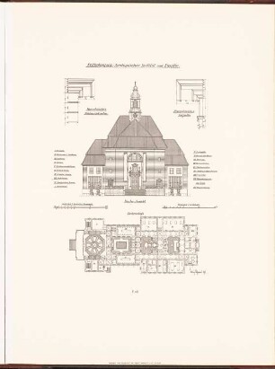 Rudolf Virchow-Krankenhaus, Berlin: Grundriss EG, Vorderansicht, Details Kapelle (aus: Neubauten der Stadt Berlin, Bd. VI, 1907)