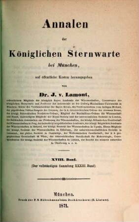Annalen der Königlichen Sternwarte bei München, 18 = 33 d. Gesamtw. 1871