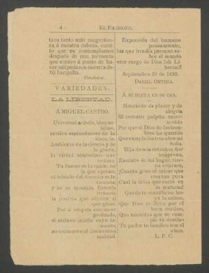 La libertad. : Á Miguel Castro.