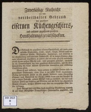 Zuverläßige Nachricht von dem vortheilhaften Gebrauch des gegossenen eisernen Küchengeschirrs, und anderer gegossenen grössern Haushaltungsgeräthschaften