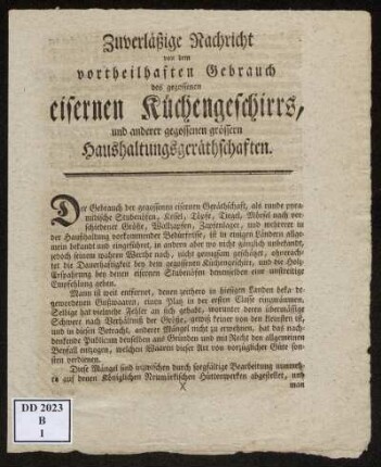 Zuverläßige Nachricht von dem vortheilhaften Gebrauch des gegossenen eisernen Küchengeschirrs, und anderer gegossenen grössern Haushaltungsgeräthschaften
