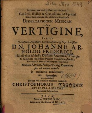 Dissertationem Medicam De Vertigine