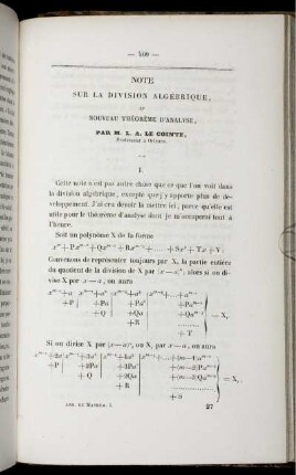 Note sur la division algébrique. et nouveau théorème d´annalyse.