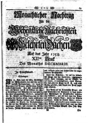 Monathlicher Nachtrag [...] XIItes Stuck Des Monaths Decembris