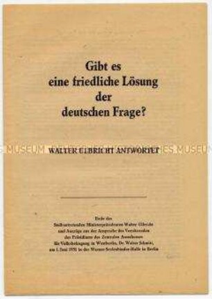 Sonderdruck der Reden von Ulbricht und Schmitt in der Berliner Werner-Seelenbinder-Halle zur Volksbefragung für Friedensvertrag, gegen Remilitarisierung