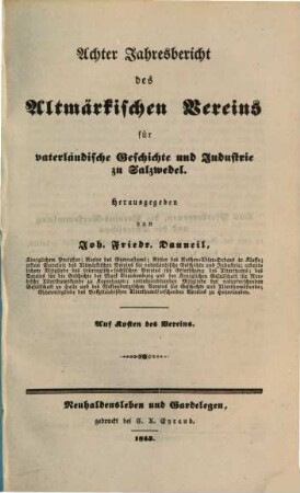 Jahresbericht des Altmärkischen Vereins für Vaterländische Geschichte und Industrie. 8. 1845