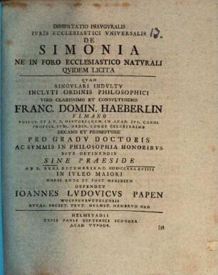 Diss. inaug. iur. eccl. univ. de simonia ne in foro ecclesiastico naturali quidem licita