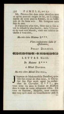 Lettre XLIII. De Madame B*** à Miladi Davers.