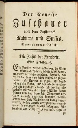 Der neueste Zuschauer nach dem Geschmack Rabners und Swifts. Dreyzehentes Stück.