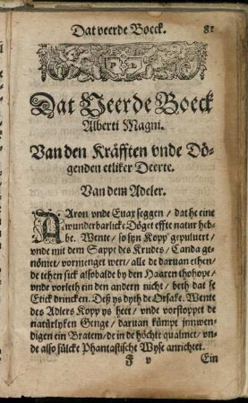 Dat Veerde Boeck Alberti Magni. Van den Kräfften und Dögenden etliker Deerte.