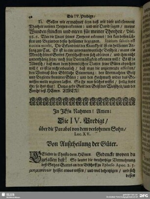 Die IV. Predigt, über die Parabol von dem verlohrnen Sohn, Luc. XV.