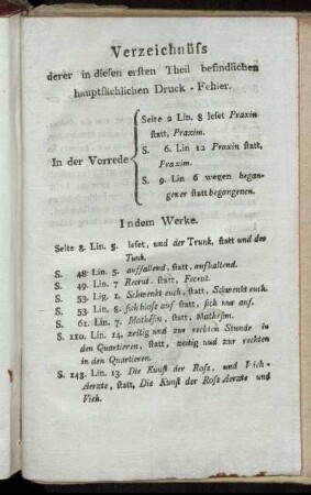 Verzeichnüss derer in diesen ersten Theil befindlichen hauptsächlichen Druck-Fehler.