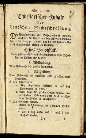 Tabellarischer Inhalt der deutschen Rechtschreibung.