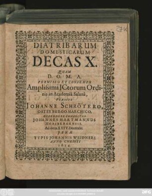 Diatribarum Domesticarum Decas X