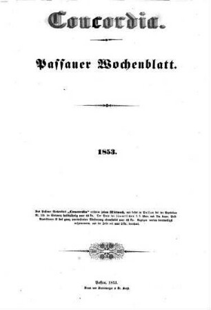 Concordia : Passauer Wochenblatt. 1853