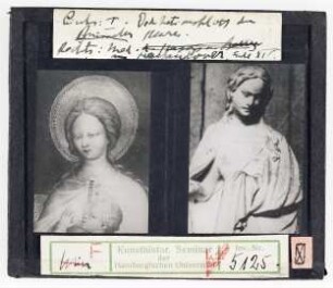 links: Dedikationsblatt, Heures in Brüssel, rechts: Madonna aus Hackendover, 14. Jhd.