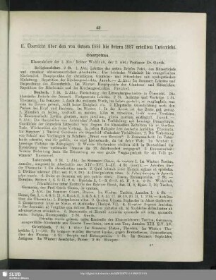 II. Übersicht über den von Ostern 1886 bis Ostern 1887 erteilten Unterricht