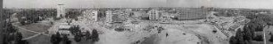 180° Panorama, Blick auf das Baugelände der Interbau 57 vom Wohnhaus Giraffe über Hansaplatz bis Richtung Siegessäule. Berlin-Hansaviertel, Händelallee