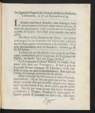 Du Quartier General de l'Armée du Roi en Boheme, à Semonitz, ce 17. de Septembre 1745