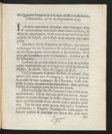 Du Quartier General de l'Armée du Roi en Boheme, à Semonitz, ce 17. de Septembre 1745