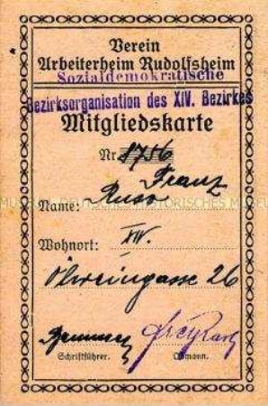 Mitgliedsausweis des Vereins Arbeiterheim Rudolfsheim