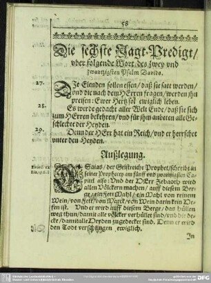 Die sechste Jagt-Predigt, uber folgende Wort, des zwey und zwantzigsten Psalm Davids