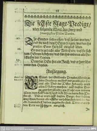 Die sechste Jagt-Predigt, uber folgende Wort, des zwey und zwantzigsten Psalm Davids