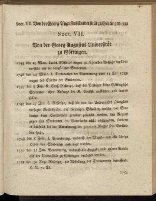 Sect. VII. Von der Georg Augustus Universität zu Göttingen.