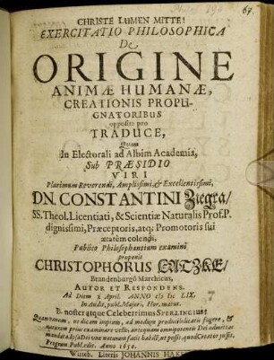 Exercitatio Philosophica De Origine Animae Humanae, Creationis Propugnatoribus opposita pro Traduce