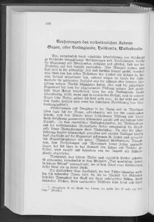 Aeußerungen des volkstümlichen Lebens: Sagen, alter Volksglaube, Heilkunde, Wetterkunde