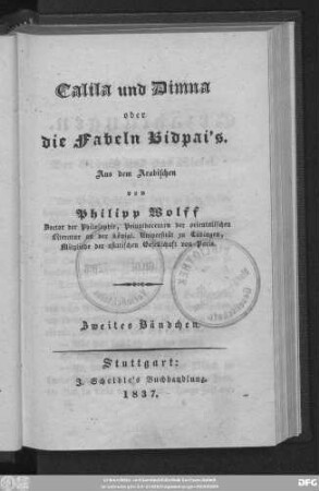 Bdch. 2: Calila und Dimna oder die Fabeln Bidpai's