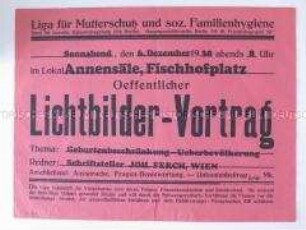 Maueranschlag zur Ankündigung eines Lichtbilder-Vortrages zur Geburtenregelung