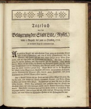 Tagebuch von der Belagerung der Stadt Lille, (Ryssel,) vom 12 August, bis zum 22 October, 1708.