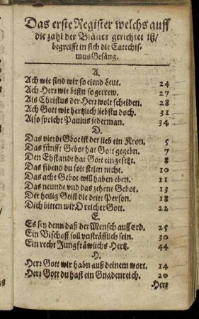 Das erst Register welchs auff die zahl der Blätter gerichtet ißt/ begreifft in sich die Catechismus Gesäng.