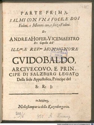 SALMI CON VNA VOCE, E DOI Violini, e Motteti con, e senza Violini