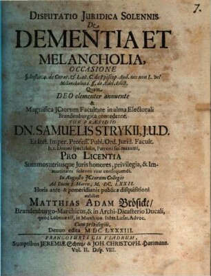Disp. iur. sol. de dementia et melancholia