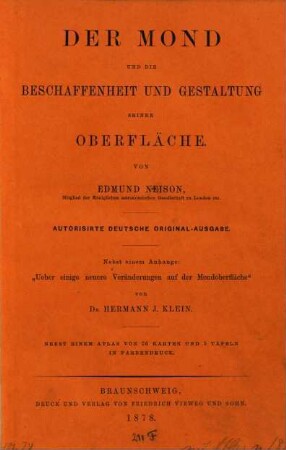 Der Mond und die Beschaffenheit und Gestaltung seiner Oberfläche, [1]. [Textband]