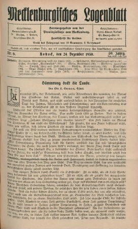 Nr. 6. Rostock, den 24. Dezember 1930. 59. Jahrg.