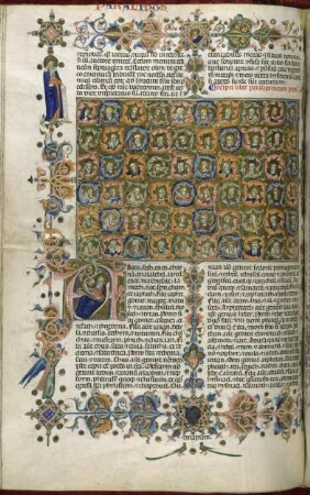 Paralipomenon I. Geschlechtsregister auf Goldgrundtafel, in roten blauen und grünen Rankenkreisen Darstellung der Patriarchen, darunter Initiale A mit der liegenden Gestalt des Stammvaters Jesse (folio 141 verso der "Hamilton-Bibel")